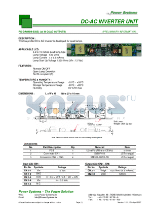 PS-DA0404-03 datasheet - DC-AC INVERTER UNIT 24 W QUAD OUTPUTS