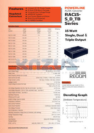 RAC15-0515TB datasheet - 15 Watt Single, Dual & Triple Output