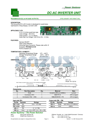 PS-DA0412-01S datasheet - DC-AC INVERTER UNIT 23 W QUAD OUTPUTS