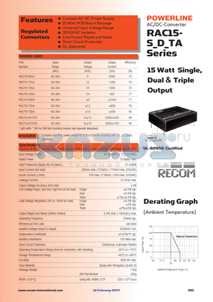 RAC15-15DA datasheet - 15 Watt Single, Dual & Triple Output