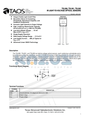 TSL262 datasheet - IR LIGHTTOVOLTAGE OPTICAL SENSORS