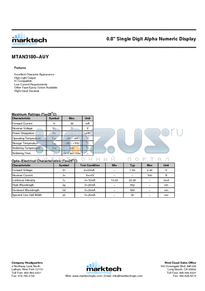 MTAN3180-AUY datasheet - 0.8 Single Digit Alpha Numeric Display