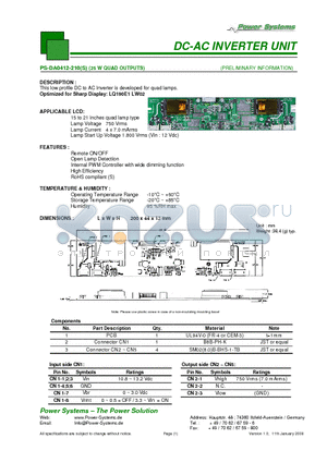 PS-DA0412-210 datasheet - DC-AC INVERTER UNIT 25 W QUAD OUTPUTS