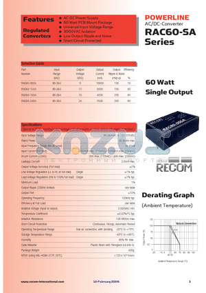 RAC60-15SA datasheet - 60 Watt Single Output