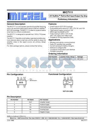 MIC7111 datasheet - 1.8V IttyBitty Rail-to-Rail Input/Output Op Amp Preliminary Information