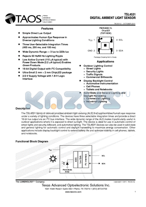 TSL4531 datasheet - DIGITAL AMBIENT LIGHT SENSOR