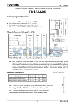 TK12A60D datasheet - Switching Regulator Applications