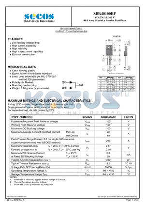 SBR40100RF datasheet - 40.0 Amp Schottky Barrier Rectifiers