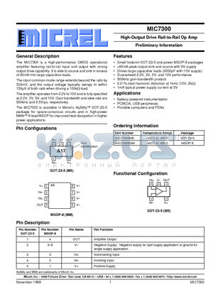 MIC7300BM5 datasheet - High-Output Drive Rail-to-Rail Op Amp Preliminary Information