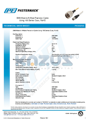 PE33233 datasheet - SMA Male to N Male Precision Cable Using 165 Series Coax, RoHS