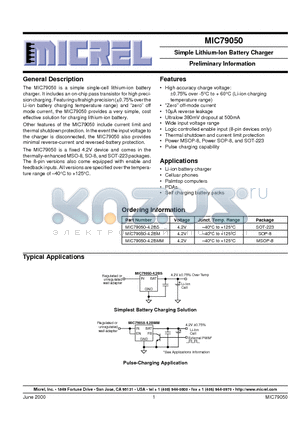 MIC79050 datasheet - Simple Lithium-Ion Battery Charger Preliminary Information