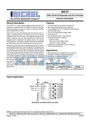 MIC74 datasheet - 2-Wire Serial I/O Expander and Fan Controller Advance Information