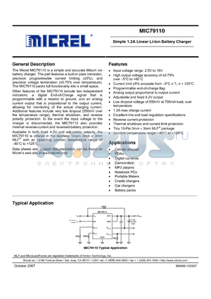 MIC79110 datasheet - Simple 1.2A Linear Li-Ion Battery Charger