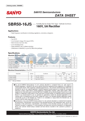 SBR5016JS datasheet - Schottky Barrier Diode (Twin Type g Cathode Common) 160V, 5A Rectifier