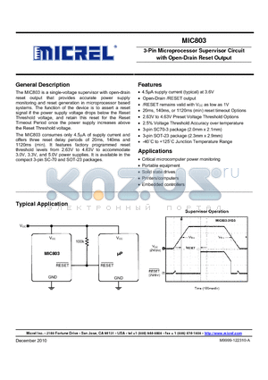 MIC803-26D3VC3 datasheet - 3-Pin Microprocessor Supervisor Circuit with Open-Drain Reset Output