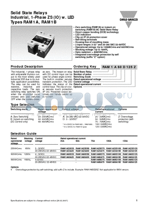 RAM1A23A50Z datasheet - SOLID STATE RELAYS INDUSTRIAL, 1-PHASE ZS (IO) W.LED