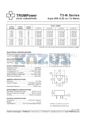 T3-1D2415N datasheet - DC/DC CONVERTERS 8-pin DIP, 0.25 to 1.5 Watts