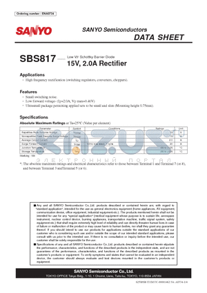 SBS817 datasheet - Low VF Schottky Barrier Diode 15V, 2.0A Rectifier