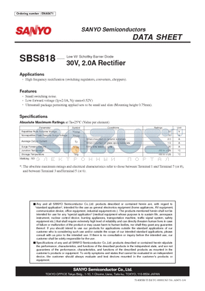 SBS818 datasheet - Low VF Schottky Barrier Diode 30V, 2.0A Rectifier