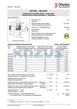 SBT10100 datasheet - Schottky Barrier Rectifier Diodes - Single Diode