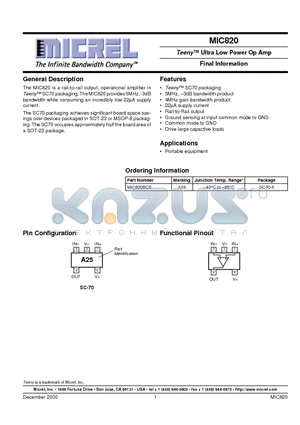 MIC820BC5 datasheet - Teeny Ultra Low Power Op Amp