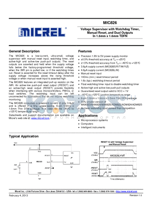 MIC826 datasheet - Voltage Supervisor with Watchdog Timer,Manual Reset, and Dual Outputs In 1.6mm x 1.6mm TDFN