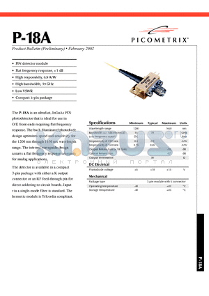 P-18A3NC datasheet - An ultrafast, InGaAs PIN photodetector