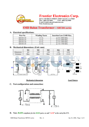 SBT201-03-LFR datasheet - SMD Balun Transformer