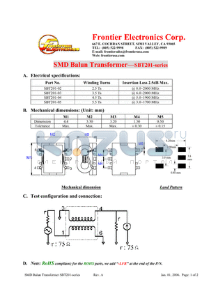 SBT201-03 datasheet - SMD Balun Transformer