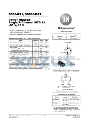 SBSS84LT1 datasheet - Power MOSFET Single P-Channel SOT-23 -50 V, 10