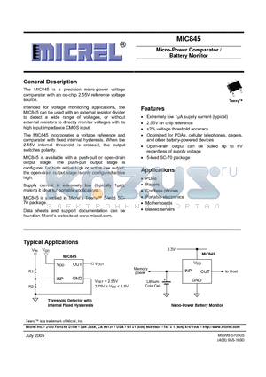 MIC845HBC5 datasheet - Micro-Power Comparator/ Battery Monitor