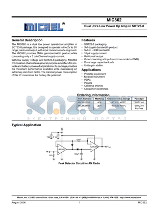 MIC862YM8 datasheet - Dual Ultra Low Power Op Amp in SOT23-8