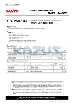 SBT250-10J datasheet - Schottky Barrier Diode (Twin Type g Cathode Common) 100V, 25A Rectifier