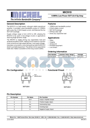 MIC910 datasheet - 135MHz Low-Power SOT-23-5 Op Amp