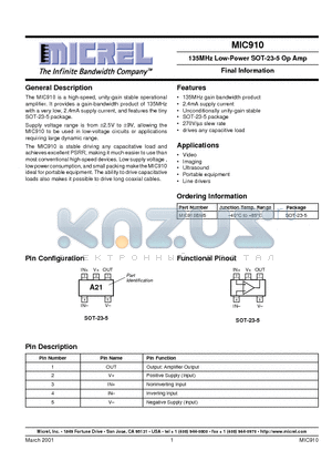 MIC910BM5 datasheet - 135MHz Low-Power SOT-23-5 Op Amp