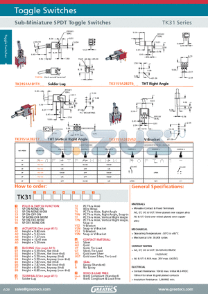 TK31S1A2B2T6UGTNV datasheet - Sub-Miniature SPDT Toggle Switches