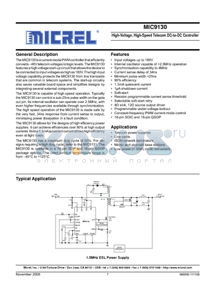MIC9130YM datasheet - High-Voltage, High-Speed Telecom DC-to-DC Controller