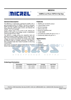 MIC914BM5 datasheet - 160MHz Low-Power SOT23-5 Op Amp