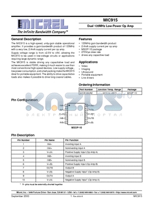 MIC915 datasheet - Dual 135MHz Low-Power Op Amp