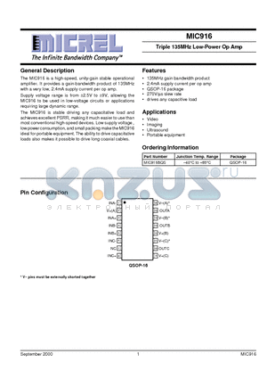 MIC916 datasheet - Triple 135MHz Low-Power Op Amp