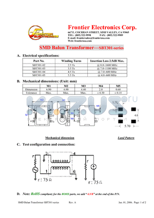 SBT301-03 datasheet - SMD Balun Transformer