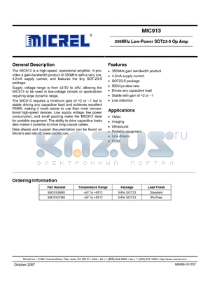 MIC913BM5 datasheet - 350MHz Low-Power SOT23-5 Op Amp