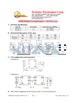 SBT303-11-LFR datasheet - SMD Balun Transformer