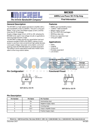 MIC920BM5 datasheet - 80MHz Low-Power SC-70 Op Amp