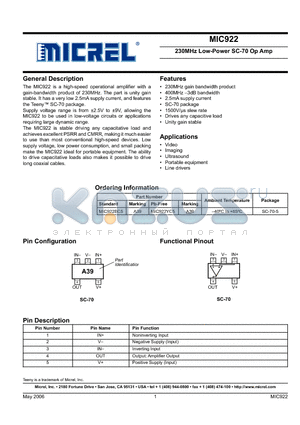 MIC922BC5 datasheet - 230MHz Low-Power SC-70 Op Amp