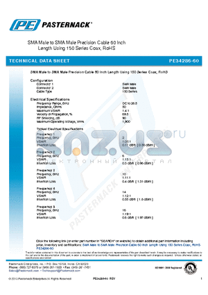 PE34286-60 datasheet - SMA Male to SMA Male Precision Cable 60 Inch Length Using 150 Series Coax, RoHS