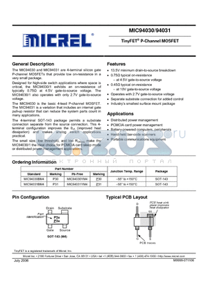 MIC94030 datasheet - TinyFET^ P-Channel MOSFET