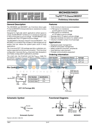 MIC94030BM4 datasheet - TinyFET P-Channel MOSFET Preliminary Information