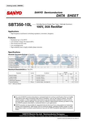 SBT350-10L datasheet - Schottky Barrier Diode (Twin Type g Cathode Common) 100V, 35A Rectifier