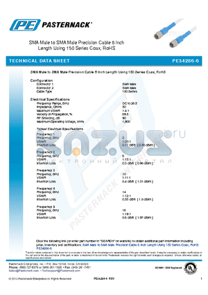 PE34286-6 datasheet - SMA Male to SMA Male Precision Cable 6 Inch Length Using 150 Series Coax, RoHS